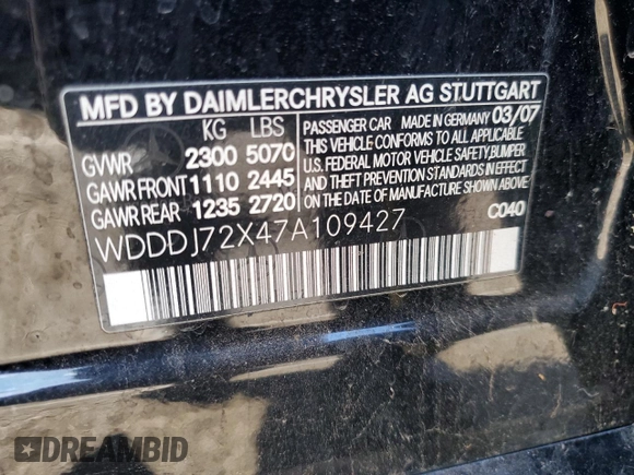 2007 Mercedes-Benz CLS 550 with VIN WDDDJ72X47A109427, listed as a Copart auction lot 88588885 with Not provided miles and Salvage title. Bid and sale history available at DreamBid. Image 12.