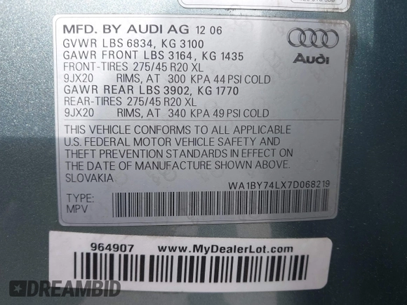 2007 Audi Q7 Premium with VIN WA1BY74LX7D068219, listed as a IAAI auction lot 41829548 with 125,071 mi miles and . Bid and sale history available at DreamBid. Image 9.