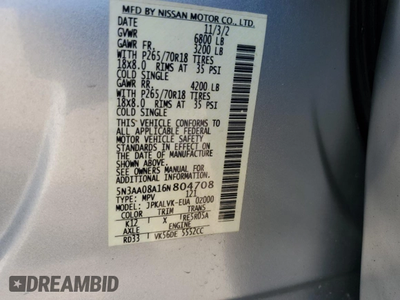 2006 Infiniti QX56 z VIN 5N3AA08A16N804708, wystawiony jako Copart lot #86788354 z przebiegiem 205 417 mil mil oraz Czysty tytuł • Clean title. Historia ofert i sprzedaży dostępna na DreamBid. Obrazek 12.