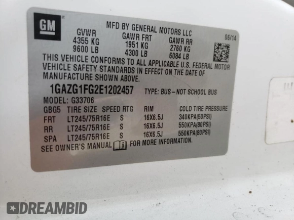 2014 Chevrolet Express Passenger LT with VIN 1GAZG1FG2E1202457, listed as a Copart auction lot 82704884 with 142,982 mi miles and Salvage title. Bid and sale history available at DreamBid. Image 14.