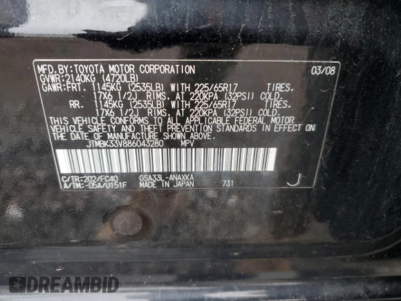 2008 Toyota RAV4 with VIN JTMBK33V886043280, listed as a Copart auction lot 43563165 with 94,516 mi miles and Salvage Title. Bid and sale history available at carsss.com. Image 14.