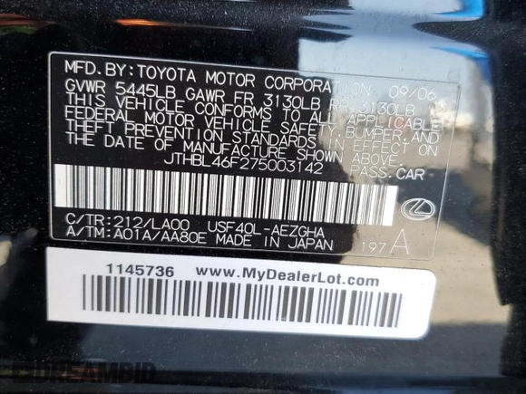 2007 Lexus LS 460 with VIN JTHBL46F275003142, listed as a Copart auction lot 61832185 with 181,203 mi miles and Salvage title. Bid and sale history available at DreamBid. Image 12.
