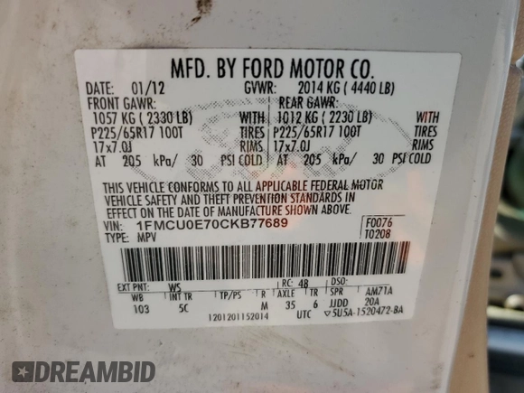 2012 Ford Escape Limited with VIN 1FMCU0E70CKB77689, listed as a Copart auction lot 50546095 with 244,743 mi miles and Salvage Title. Bid and sale history available at carsss.com. Image 16.