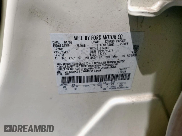 2008 Ford Edge SEL z VIN 2FMDK38C68BB16305, wystawiony jako Copart lot #53861065 z przebiegiem 182 977 mil mil oraz Szkoda całkowita • Salvage title. Historia ofert i sprzedaży dostępna na DreamBid. Obrazek 13.
