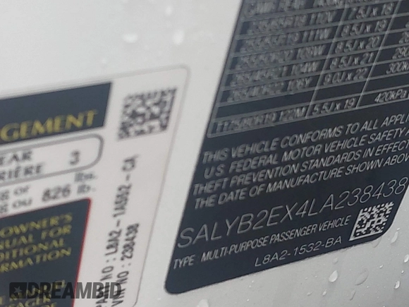 2020 Land Rover Range Rover Velar S z VIN SALYB2EX4LA238438, wystawiony jako IAAI lot #41504741 z przebiegiem 62 665 mil mil oraz . Historia ofert i sprzedaży dostępna na DreamBid. Obrazek 9.