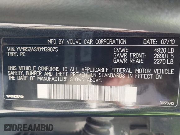 2011 Volvo S80 3.2L with VIN YV1952AS1B1138075, listed as a IAAI auction lot 41918597 with 192,441 mi miles. Bid and sale history available at carsss.com. Image 9.