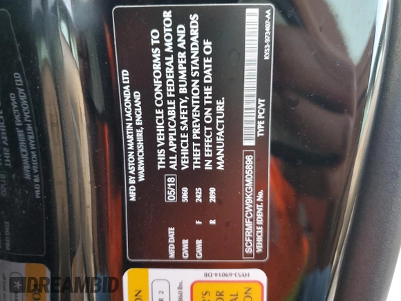 2019 Aston Martin DB11 z VIN SCFRMFCW9KGM05896, wystawiony jako Copart lot #78158154 z przebiegiem Nie podano mil oraz Nie do naprawy. Historia ofert i sprzedaży dostępna na DreamBid. Obrazek 13.