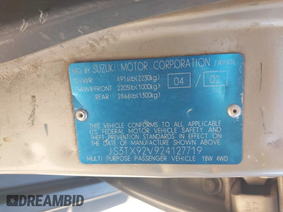 2002 Suzuki XL7 Standard z VIN JS3TX92V924127719, wystawiony jako IAAI lot #42575009 z przebiegiem 298 096 mil mil oraz . Historia ofert i sprzedaży dostępna na DreamBid. Obrazek 9.