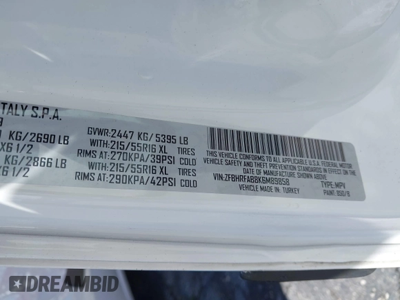 2019 Ram ProMaster City Cargo Tradesman z VIN ZFBHRFAB8K6M89858, wystawiony jako IAAI lot #41930701 z przebiegiem 85 486 mil mil oraz . Historia ofert i sprzedaży dostępna na DreamBid. Obrazek 9.