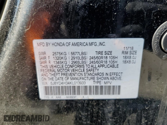 2019 Acura MDX with VIN 5J8YD4H34KL013933, listed as a Copart auction lot 46175195 with 0 mi miles and Salvage Title. Bid and sale history available at carsss.com. Image 12.