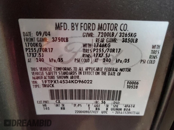 2004 Ford F-150 XLT с VIN 1FTPX14534KD96022, выставлен на аукционе Copart как лот 58184295 с пробегом 185 925 миль миль и Списание • Salvage title. История ставок и продаж доступна на DreamBid. Изображение 12.