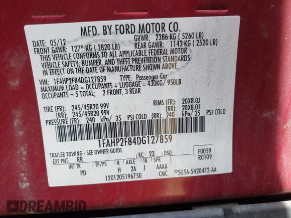 2013 Ford Taurus Limited with VIN 1FAHP2F84DG127859, listed as a IAAI auction lot 41913310 with 196,620 mi miles and . Bid and sale history available at DreamBid. Image 9.