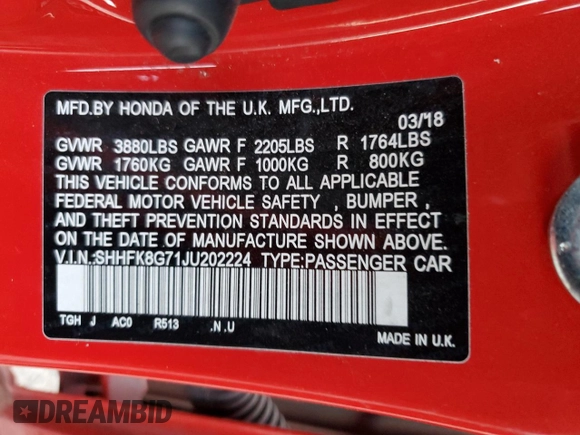 2018 Honda Civic Type R Touring z VIN SHHFK8G71JU202224, wystawiony jako Copart lot #87957705 z przebiegiem 66 721 mil mil oraz Szkoda całkowita • Salvage title. Historia ofert i sprzedaży dostępna na DreamBid. Obrazek 14.