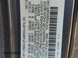 2019 Honda Accord Sport with VIN 1HGCV1F3XKA116343, listed as a Copart auction lot 52596185 with 44,187 mi miles and Salvage Title. Bid and sale history available at DreamBid. Image 12.
