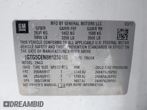 2017 GMC Canyon 2WD SLE with VIN 1GTG5CEN8H1230185, listed as a IAAI auction lot 41391765 with 101,443 mi miles. Bid and sale history available at carsss.com. Image 9.