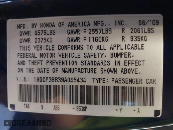 2009 Honda Accord EX-L with VIN 1HGCP36839A045434, listed as a IAAI auction lot 42125265 with 244,515 mi miles and . Bid and sale history available at DreamBid. Image 9.