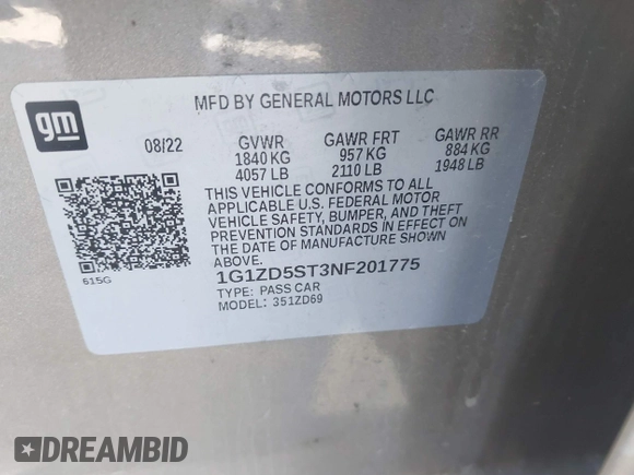 2022 Chevrolet Malibu LT with VIN 1G1ZD5ST3NF201775, listed as a IAAI auction lot 40772580 with 50,862 mi miles and . Bid and sale history available at DreamBid. Image 9.