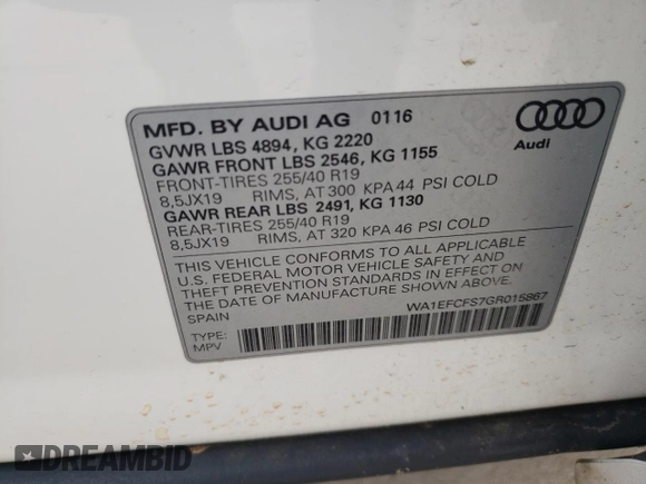 2016 Audi Q3 Premium Plus with VIN WA1EFCFS7GR015867, listed as a Copart auction lot 52508843 with 91,827 mi miles. Bid and sale history available at carsss.com. Image 13.