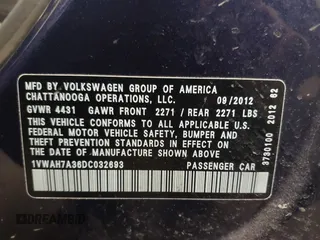 2013 Volkswagen Passat S w/Appearance with VIN 1VWAH7A36DC032693, listed as a IAAI auction lot 41716587 with 82,950 mi miles. Bid and sale history available at carsss.com. Image 9.