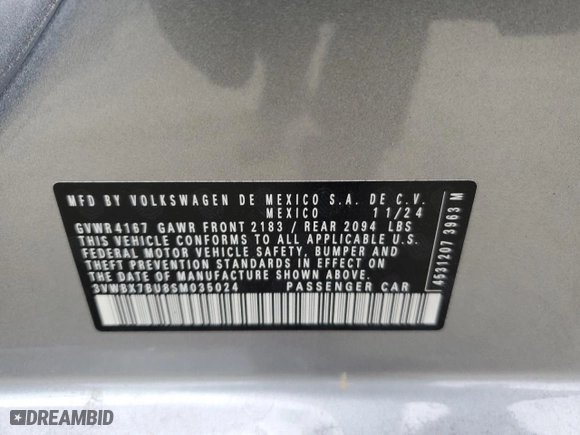 2025 Volkswagen Jetta Sport with VIN 3VWBX7BU8SM035024, listed as a Copart auction lot 43970575 with 239 mi miles and Salvage Title. Bid and sale history available at carsss.com. Image 12.