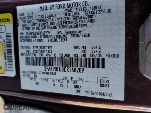 2013 Ford Fusion SE Hybrid with VIN 3FA6P0LU8DR168209, listed as a Copart auction lot 42084675 with 126,397 mi miles and Clean Title. Bid and sale history available at DreamBid. Image 12.
