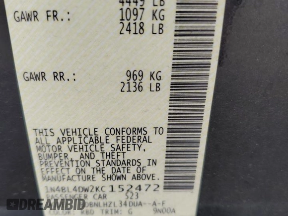 2019 Nissan Altima SV z VIN 1N4BL4DW2KC152472, wystawiony jako Copart lot #57840875 z przebiegiem 48 775 mil mil oraz Szkoda całkowita • Salvage title. Historia ofert i sprzedaży dostępna na DreamBid. Obrazek 12.