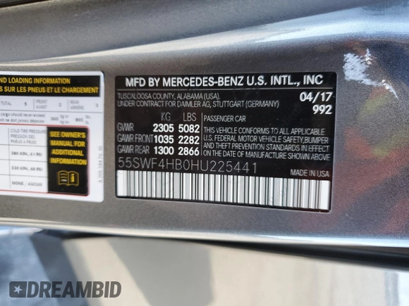 2017 Mercedes-Benz C 350e with VIN 55SWF4HB0HU225441, listed as a Copart auction lot 41779345 with 91,695 mi miles and Salvage Title. Bid and sale history available at DreamBid. Image 12.