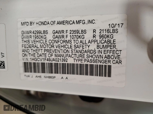 2018 Honda Accord EX z VIN 1HGCV1F49JA021392, wystawiony jako Copart lot #51633705 z przebiegiem 121 158 mil mil oraz Szkoda całkowita • Salvage title. Historia ofert i sprzedaży dostępna na DreamBid. Obrazek 15.