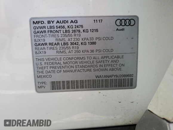 2018 Audi Q5 Premium with VIN WA1ANAFY9J2089592, listed as a Copart auction lot 36929063 with 33,009 mi miles and . Bid and sale history available at DreamBid. Image 14.