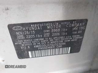 2016 Hyundai Elantra z VIN KMHD35LH7GU323094, wystawiony jako IAAI lot #42425725 z przebiegiem Nie podano mil oraz . Historia ofert i sprzedaży dostępna na DreamBid. Obrazek 9.