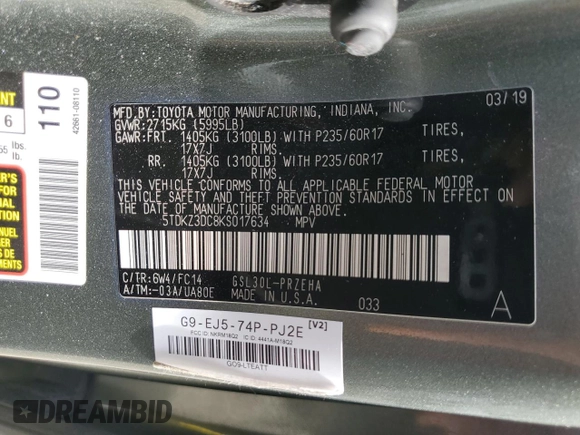 2019 Toyota Sienna LE Auto Access Seat with VIN 5TDKZ3DC8KS017634, listed as a Copart auction lot 52902315 with 109,184 mi miles and Salvage title. Bid and sale history available at DreamBid. Image 15.