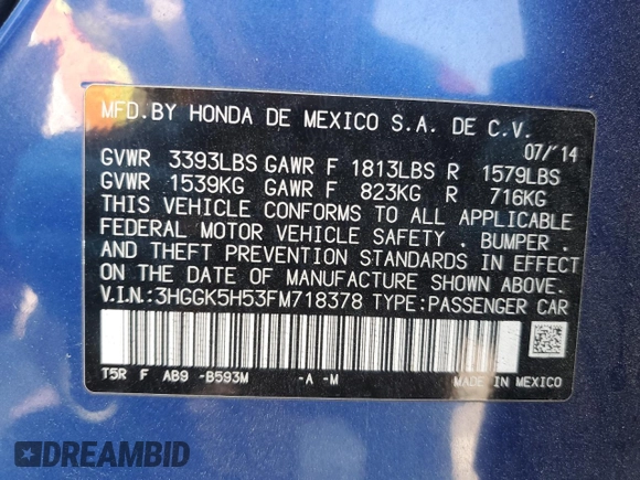 2015 Honda Fit LX with VIN 3HGGK5H53FM718378, listed as a Copart auction lot 52035245 with 104,786 mi miles and Salvage Title. Bid and sale history available at carsss.com. Image 12.