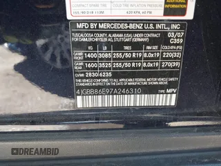 2007 Mercedes-Benz M 350 with VIN 4JGBB86E97A246310, listed as a IAAI auction lot 41625537 with 124,293 mi miles and . Bid and sale history available at DreamBid. Image 9.