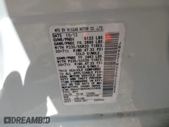 2013 Nissan Murano LE with VIN JN8AZ1MU5DW202434, listed as a IAAI auction lot 41920277 with 130,881 mi miles. Bid and sale history available at carsss.com. Image 9.