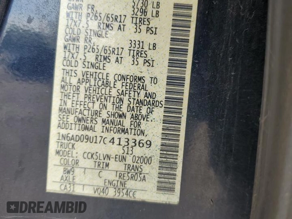 2007 Nissan Frontier SE with VIN 1N6AD09U17C413369, listed as a Copart auction lot 45875275 with 149,313 mi miles and Clean title. Bid and sale history available at DreamBid. Image 12.