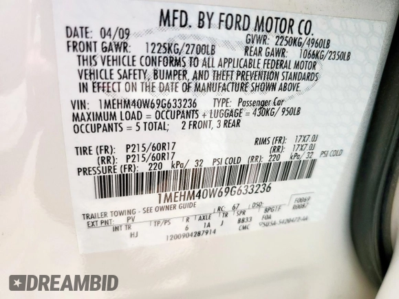 2009 Mercury Sable with VIN 1MEHM40W69G633236, listed as a Copart auction lot 61373655 with 95,506 mi miles and Salvage title. Bid and sale history available at DreamBid. Image 12.