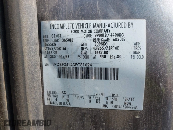 2003 Ford F-350 with VIN 1FDSF34L43EC81624, listed as a IAAI auction lot 42591645 with 275,341 mi miles and . Bid and sale history available at DreamBid. Image 9.