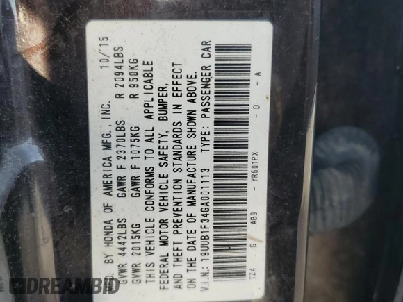 2016 Acura TLX with VIN 19UUB1F34GA001113, listed as a Copart auction lot 61598035 with 127,792 mi miles and Salvage title. Bid and sale history available at DreamBid. Image 12.