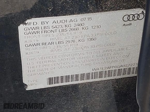 2016 Audi Q5 Premium Plus with VIN WA1L2AFP6GA027221, listed as a IAAI auction lot 42052002 with 90,813 mi miles. Bid and sale history available at carsss.com. Image 9.