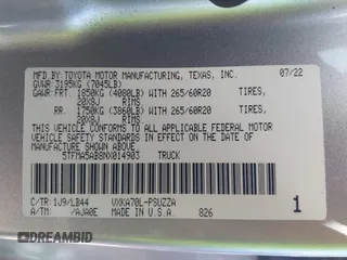 2022 Toyota Tundra 1794 Edition с VIN 5TFMA5AB8NX014903, выставлен на аукционе IAAI как лот 41830366 с пробегом 42 369 миль миль и . История ставок и продаж доступна на DreamBid. Изображение 9.