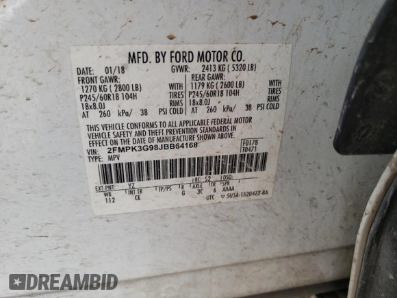 2018 Ford Edge SE с VIN 2FMPK3G98JBB64168, выставлен на аукционе Copart как лот 54910415 с пробегом 129 078 миль миль и Списание • Salvage title. История ставок и продаж доступна на DreamBid. Изображение 14.