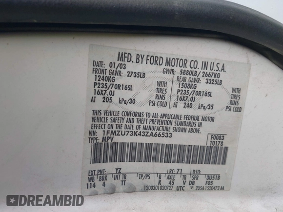 2003 Ford Explorer XLT с VIN 1FMZU73K43ZA66533, выставлен на аукционе IAAI как лот 41776302 с пробегом 151 908 миль миль и . История ставок и продаж доступна на DreamBid. Изображение 9.