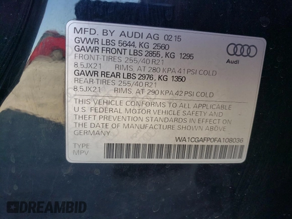 2015 Audi SQ5 Premium Plus with VIN WA1CGAFP0FA108036, listed as a Copart auction lot 52598845 with 177,987 mi miles and Clean Title. Bid and sale history available at carsss.com. Image 13.