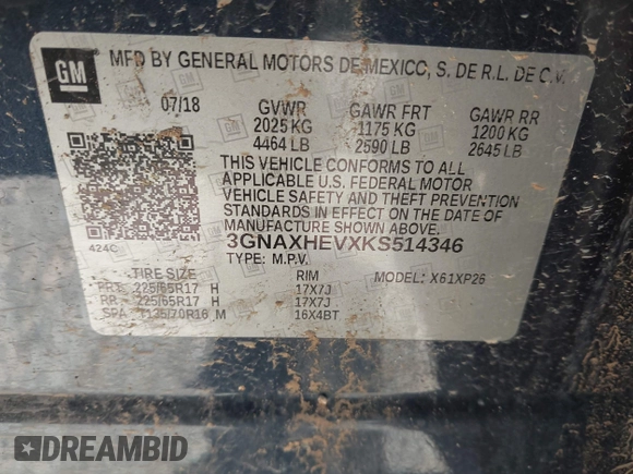 2019 Chevrolet Equinox LS with VIN 3GNAXHEVXKS514346, listed as a IAAI auction lot 42204947 with 79,978 mi miles and . Bid and sale history available at carsss.com. Image 9.