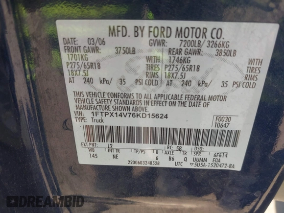 2006 Ford F-150 XLT с VIN 1FTPX14V76KD15624, выставлен на аукционе IAAI как лот 42255350 с пробегом 246 575 миль миль и . История ставок и продаж доступна на DreamBid. Изображение 9.