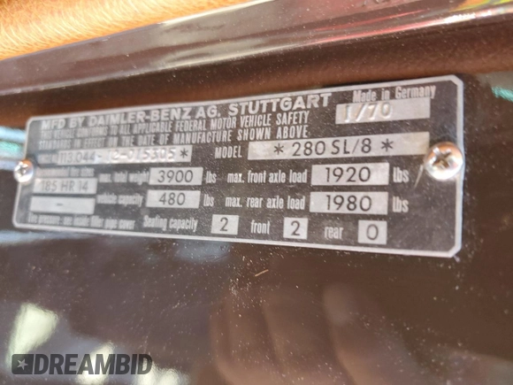 1970 Mercedes-Benz SL with VIN 11304412015305, listed as a Copart auction lot 65378684 with 83,202 mi miles and Salvage title. Bid and sale history available at DreamBid. Image 12.