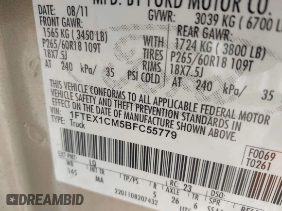 2011 Ford F-150 XL z VIN 1FTEX1CM5BFC55779, wystawiony jako IAAI lot #42237429 z przebiegiem Nie podano mil oraz . Historia ofert i sprzedaży dostępna na DreamBid. Obrazek 9.