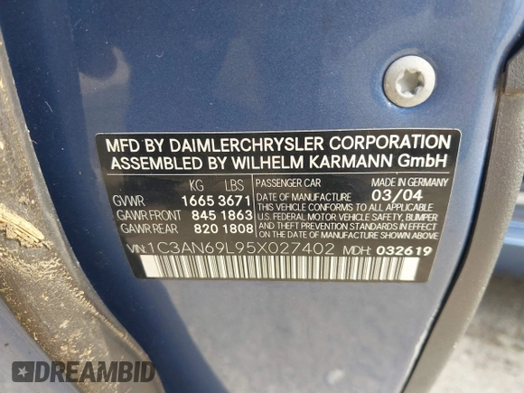 2005 Chrysler Crossfire Limited with VIN 1C3AN69L95X027402, listed as a IAAI auction lot 42175305 with 37,633 mi miles and . Bid and sale history available at DreamBid. Image 9.