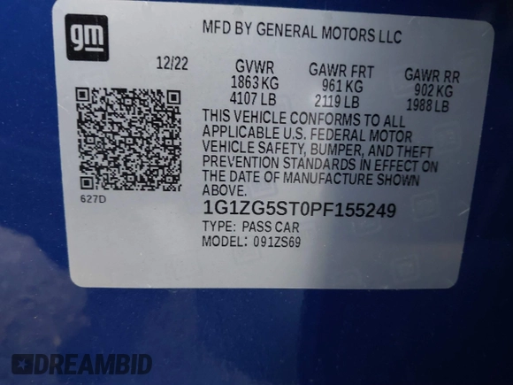 2023 Chevrolet Malibu RS with VIN 1G1ZG5ST0PF155249, listed as a IAAI auction lot 40990536 with 38,019 mi miles and . Bid and sale history available at DreamBid. Image 9.
