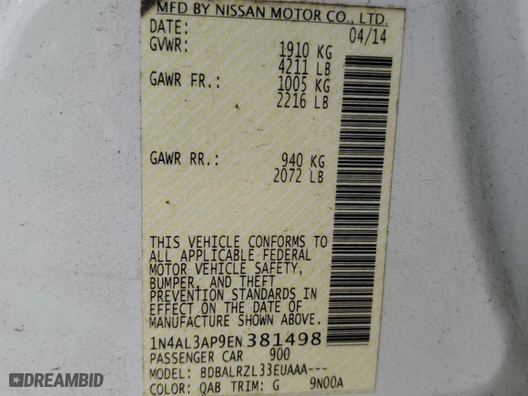 2014 Nissan Altima 2.5 S with VIN 1N4AL3AP9EN381498, listed as a Copart auction lot 57979484 with 161,999 mi miles and Salvage Title. Bid and sale history available at carsss.com. Image 12.